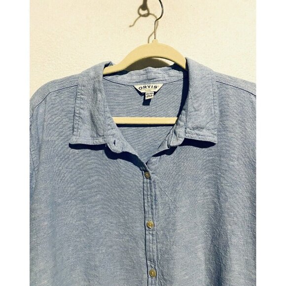 Orvis Top Womens XXL Blue Button Up Long Sleeve Hi Low Hem Linen Blend Classic - Picture 3 of 8